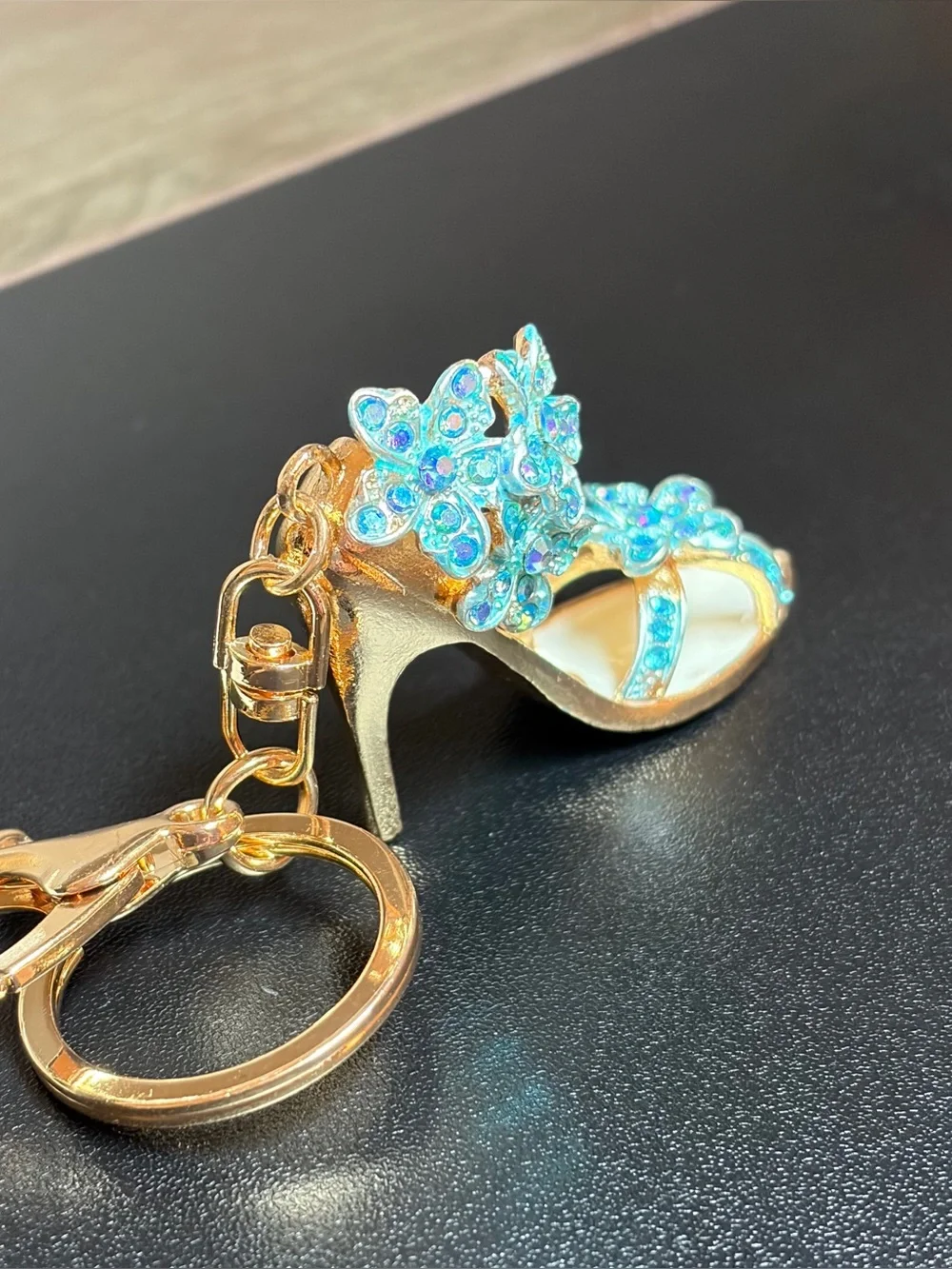 Gold High Heel Keychain with Turquoise Crystal Flowers